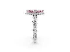 Fancy Pink Marquise Cut Diamond Halo Ring Set in Platinum with Filigree Leaf Band and Prong Setting
