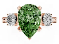 Fancy Green Pear Cut Diamond Three-Stone Ring Set in Rose gold with Pavé Band and Smaller Side Stones