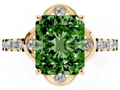 Fancy Green Radiant Cut Diamond Solitaire Ring Set in Yellow gold with Pavé Band and Floral Prong Setting