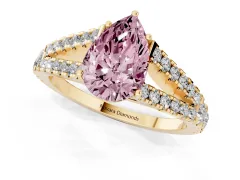 Fancy Pink Pear Cut Diamond Split Shank Pavé Engagement Ring Set in Yellow gold with Prong-Held Center Stone