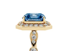 Fancy Blue Asscher Cut Diamond Halo Engagement Ring Set in Yellow gold with Twisted Band and Prong Setting