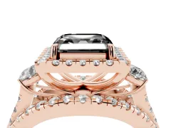 Fancy Black Asscher Cut Diamond Halo Split Shank Ring Set in Rose gold with Round Accent Stones and Prong Setting