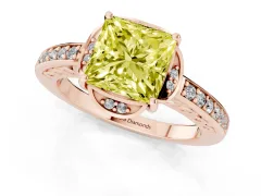 Fancy Yellow Princess Cut Diamond Halo Ring Set in Rose gold with Channel Set Band and Prong Setting