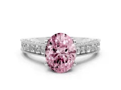 Fancy Pink Oval Cut Diamond Solitaire Ring Set in Platinum with Milgrain-Edged Pavé Band and Prong Setting