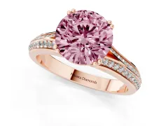 Fancy Pink Round Cut Diamond Split Shank Pavé Engagement Ring Set in Rose gold with Prong-Set Center Stone