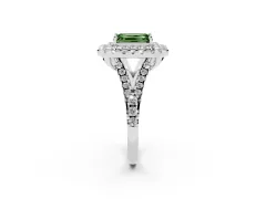 Fancy Green Emerald Cut Diamond Double Halo Ring Set in White gold with Pavé Split Shank and Prong Setting