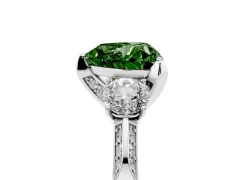 Fancy Green Heart Cut Diamond Three-Stone Ring Set in Platinum with Pavé Band and Smaller Side Stones