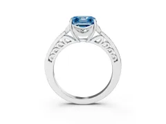 Fancy Blue Asscher Cut Diamond Halo Ring Set in Platinum with Channel Set Band and Prong Setting