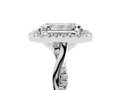 Emerald Cut Diamond Halo Twist Band Solitaire Ring Set in White gold with Prong Setting