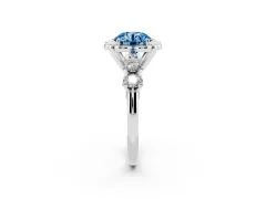 Fancy Blue Round Cut Diamond Floral Halo Ring Set in White gold with Shared Prong Band