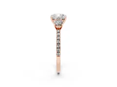Cushion Cut Diamond Three-Stone Ring Set in Rose gold with Pavé Band and Graduated Sides