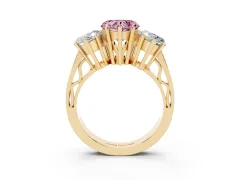 Fancy Pink Heart Cut Diamond Three-Stone Ring Set in Yellow gold with Textured Band