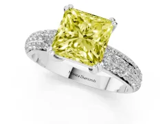 Fancy Yellow Princess Cut Diamond Solitaire Ring Set in White gold with Multi-Row Round Pavé Band and Prong Setting