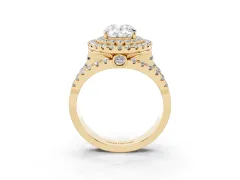 Oval Cut Diamond Double Halo Ring Set in Yellow gold with Round Pavé Split Shank