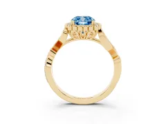 Fancy Blue Cushion Cut Diamond Halo Ring Set in Yellow gold with Leaf Motif Split Shank and Prong Setting