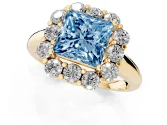 Fancy Blue Princess Cut Diamond Milgrain Halo Solitaire Ring Set in Yellow gold with Bezel Set Side Stones and Pavé Band