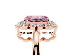 Fancy Pink Emerald Cut Diamond Halo Cluster Engagement Ring Set in Rose gold with Solitaire Band and Prong Setting
