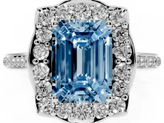 Fancy Blue Emerald Cut Diamond Halo Ring Set in Platinum with Pavé-Lined Shoulders and Prong Setting