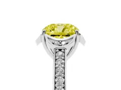 Fancy Yellow Cushion Cut Diamond Halo Ring Set in Platinum with Channel Set Band and Prong Setting