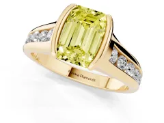 Fancy Yellow Emerald Cut Diamond Bezel-Set Solitaire Ring Set in Yellow gold with Channel-Set Band