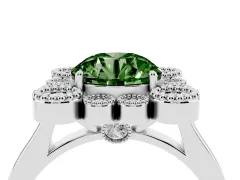 Fancy Green Round Cut Diamond Cluster Halo Ring Set in Platinum with Milgrain Bezel Accents and Plain Band