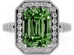 Fancy Green Emerald Cut Diamond Milgrain Halo Solitaire Ring Set in Silver with Bezel Set Side Stones and Pavé Band