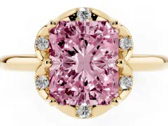 Fancy Pink Radiant Cut Diamond Round Cluster Halo Ring Set in Yellow gold with Solitaire Band and Prong Setting