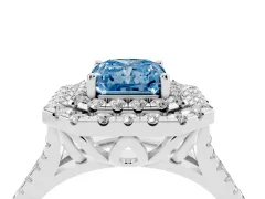 Fancy Blue Radiant Cut Diamond Double Halo Ring Set in Silver with Pavé Split Shank and Prong Setting