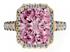 Fancy Pink Radiant Cut Diamond Halo Engagement Ring Set in Yellow gold with Pavé Band and Prong-Set Center
