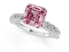 Fancy Pink Asscher Cut Diamond Solitaire Ring Set in Platinum with Shared Prong Pavé Band