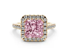 Fancy Pink Princess Cut Diamond Halo Pavé Engagement Ring Set in Yellow gold with Prong Setting