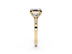 Fancy Green Emerald Cut Diamond Three-Stone Ring Set in Yellow gold with Pavé Band and Smaller Side Stones