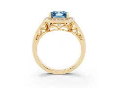 Fancy Blue Asscher Cut Diamond Halo Ring Set in Yellow gold with Pavé and Bezel Accent Split Shank