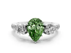 Fancy Green Pear Cut Diamond Three-Stone Ring Set in Silver with Round Side Stones and Delicate Pavé Band