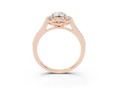 Emerald Cut Diamond Halo Ring Set in Rose gold with Pavé-Lined Shoulders and Prong Setting