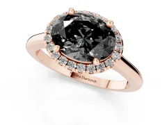 Fancy Black Oval Cut Diamond Halo Engagement Ring Set in Rose gold with Pavé Band and Rising Shoulders