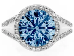 Fancy Blue Round Cut Diamond Halo Split Shank Ring Set in Silver with Accent Stones and Prong Setting