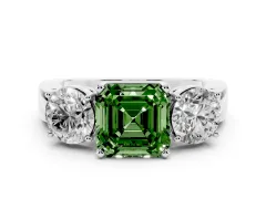 Fancy Green Asscher Cut Diamond Three-Stone Ring Set in Silver with Round Side Stones and Classic Band