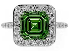 Fancy Green Asscher Cut Diamond Halo Engagement Ring Set in White gold with Round Pavé Shoulders and Heart Gallery