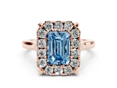 Fancy Blue Emerald Cut Diamond Cluster Halo Solitaire Ring Set in Rose gold with Prong Setting