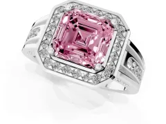Fancy Pink Asscher Cut Diamond Halo Ring Set in Silver with Pavé and Bezel Accent Split Shank