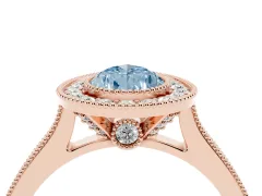 Fancy Blue Pear Cut Diamond Halo Milgrain Pavé Band Ring Set in Rose gold with Prong Setting