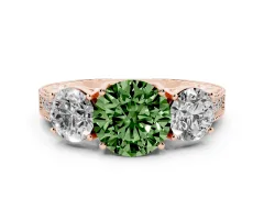 Fancy Green Round Cut Diamond Three-Stone Engagement Ring Set in Rose gold with Milgrain Pavé Band