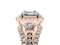 Asscher Cut Diamond Halo Split Shank Ring Set in Rose gold with Round Accent Stones and Prong Setting