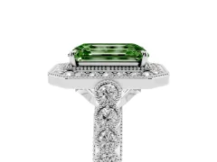 Fancy Green Emerald Cut Diamond Milgrain Halo Solitaire Ring Set in White gold with Bezel Set Side Stones and Pavé Band