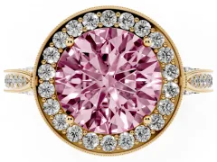 Fancy Pink Round Cut Diamond Halo Engagement Ring Set in Yellow gold with Accent Split Shank Band