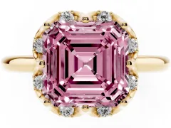Fancy Pink Asscher Cut Diamond Round Cluster Halo Ring Set in Yellow gold with Solitaire Band and Prong Setting