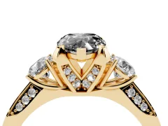Fancy Black Pear Cut Diamond Three-Stone Ring Set in Yellow gold with Pavé Band and Smaller Side Stones