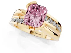 Fancy Pink Radiant Cut Diamond Solitaire Ring Set in Yellow gold with Channel Set Split Shank and Tension Prongs