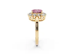 Fancy Pink Radiant Cut Diamond Halo Cluster Engagement Ring Set in Yellow gold with Polished Band and Prong Setting